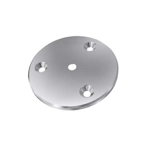 Base plate only, SS316, Ø70mm, 4mm thick.  Three CSK mounting holes and CSK centre hole to suit M6 fastener