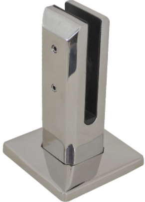 Glass Spigot, SS316, 50mm square, 154mm high with base plate with cover cap, to suit 10-12mm glass, Mirror Polish